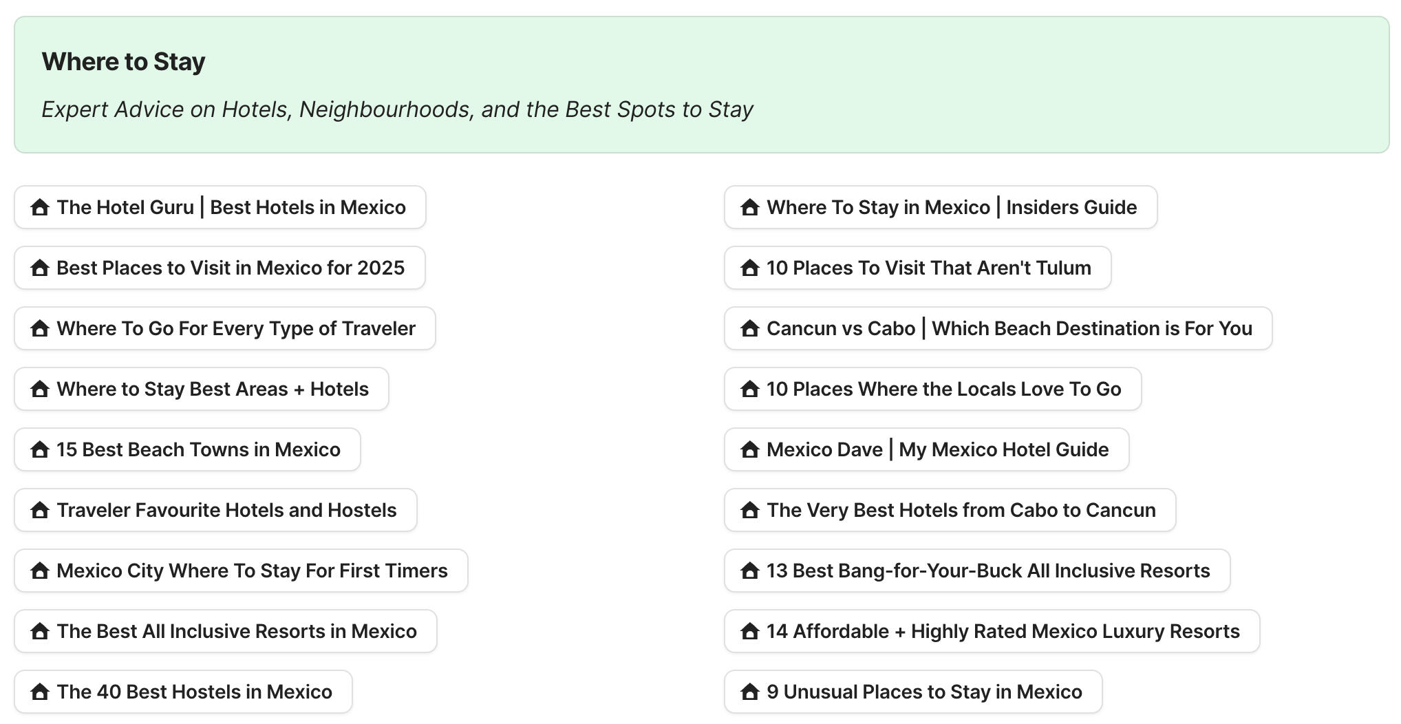 Where To Stay In Mexico Preview of Where to Stay in Mexico section in Mexico Travel Research by Feral Travel