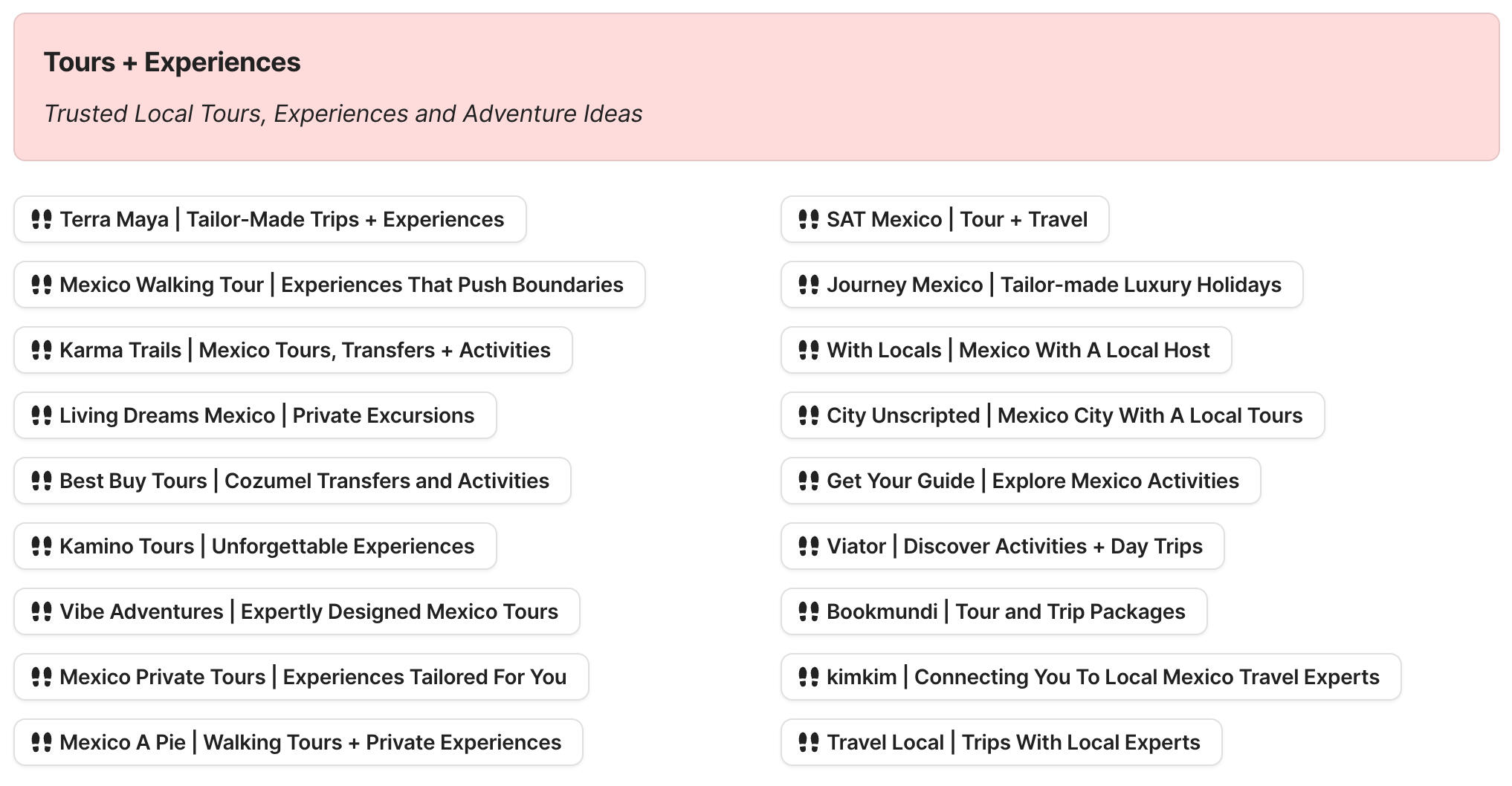 Tours + Experiences in Mexico Preview of tours and experiences in Mexico section in Mexico Travel Research by Feral Travel