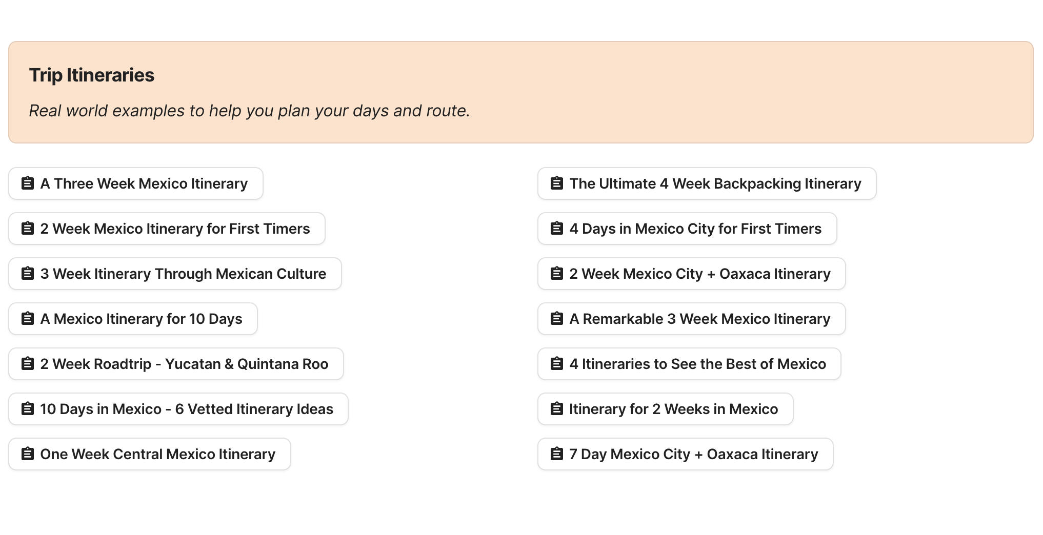 Mexico Trip Itineraries Preview of Mexico Trip Itineraries section in Mexico Travel Research by Feral Travel