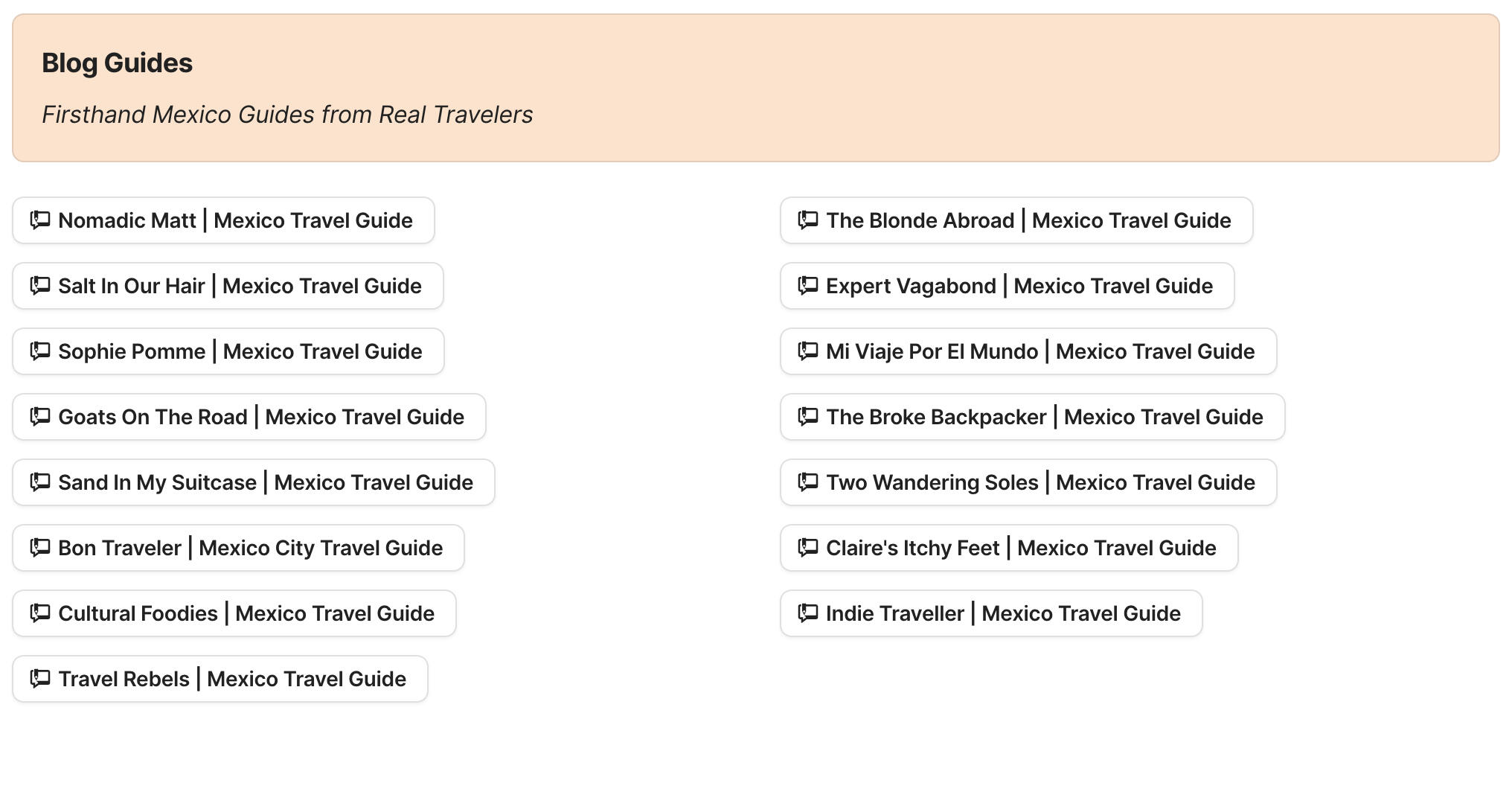 Blog Guides Preview of blog guides section in Mexico Travel Research by Feral Travel