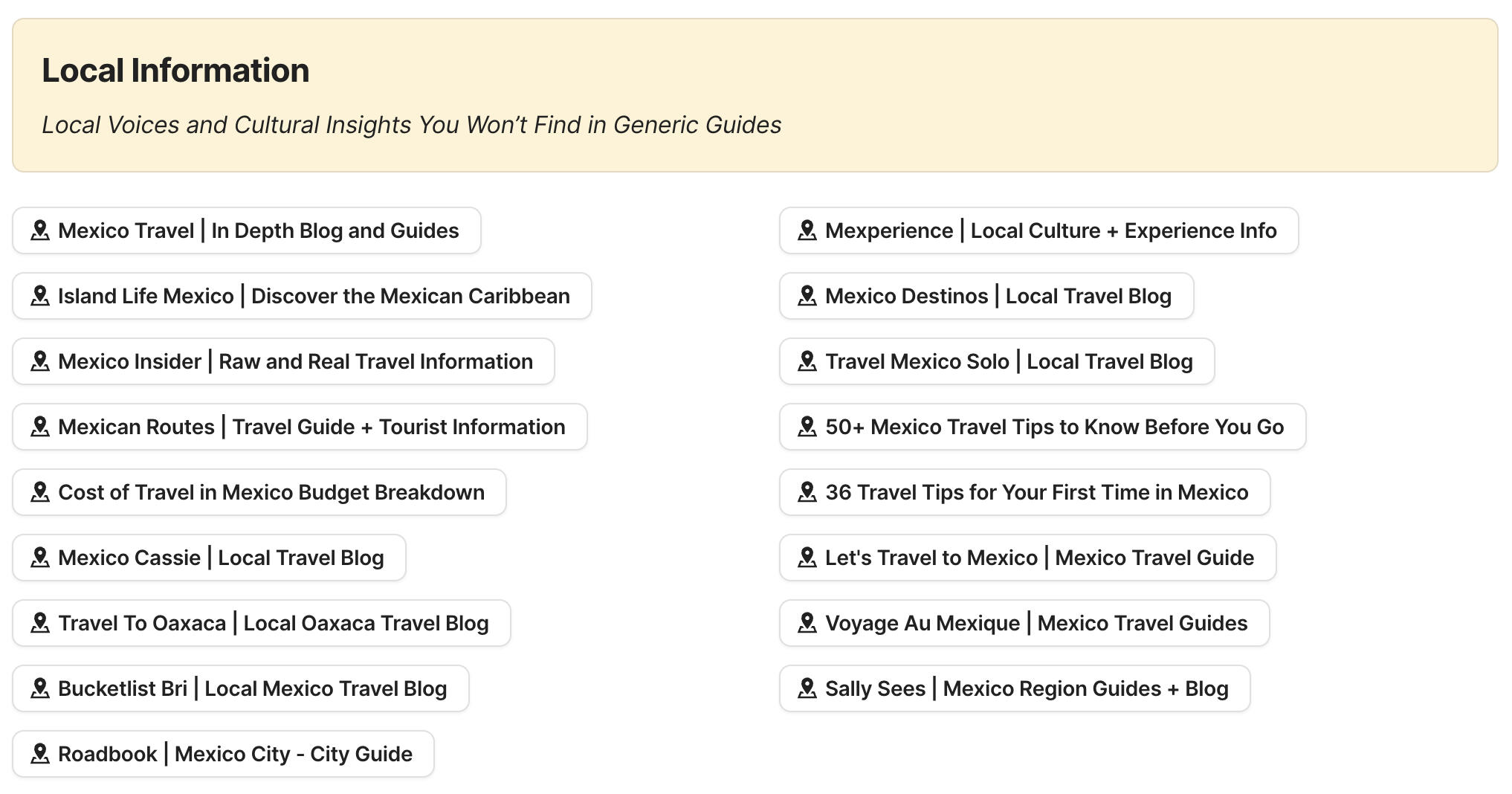 Local Information Preview of local information section in Mexico Travel Research by Feral Travel
