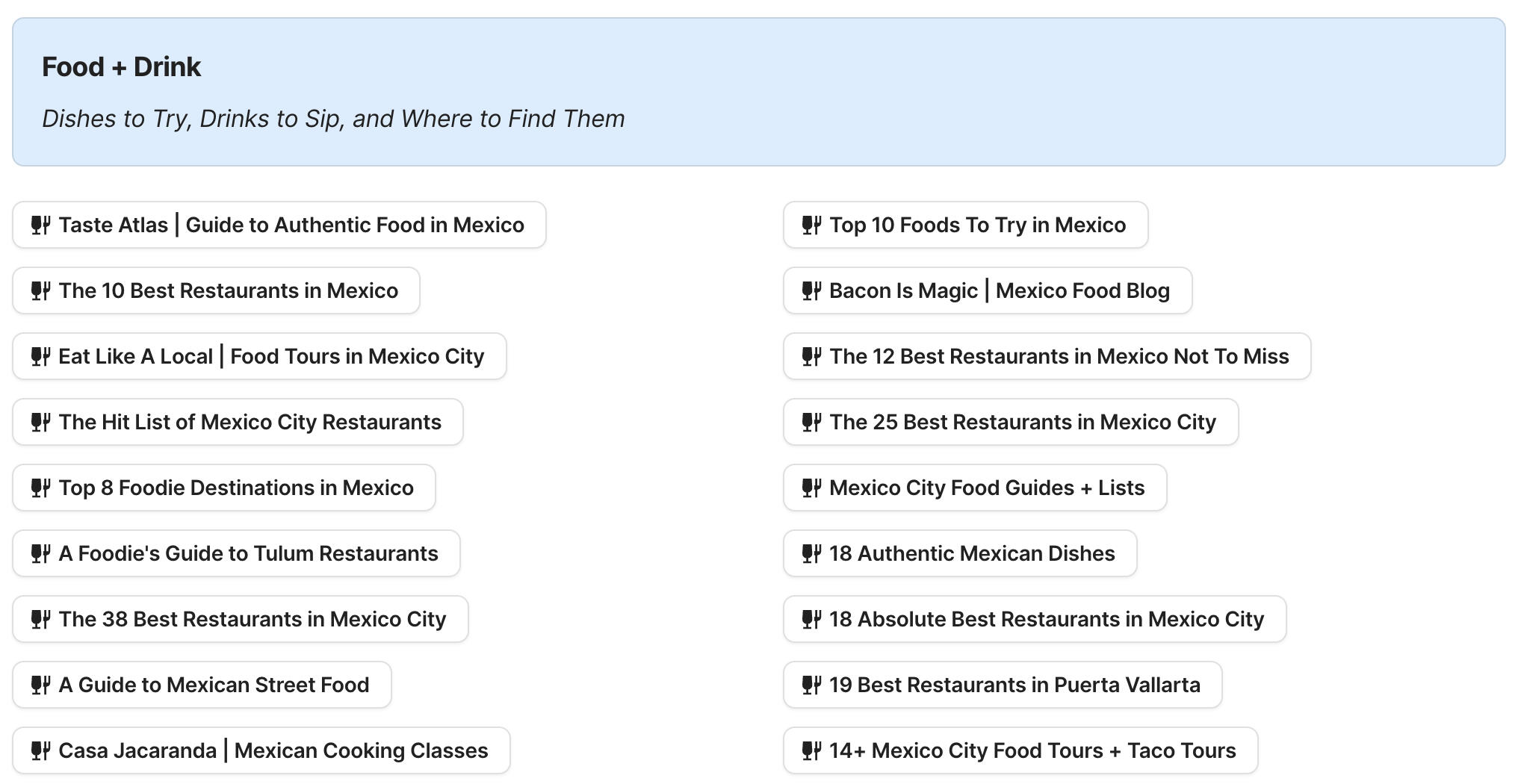 Food and Drink In Mexico Preview of Food and Drink In Mexico section in Mexico Travel Research by Feral Travel